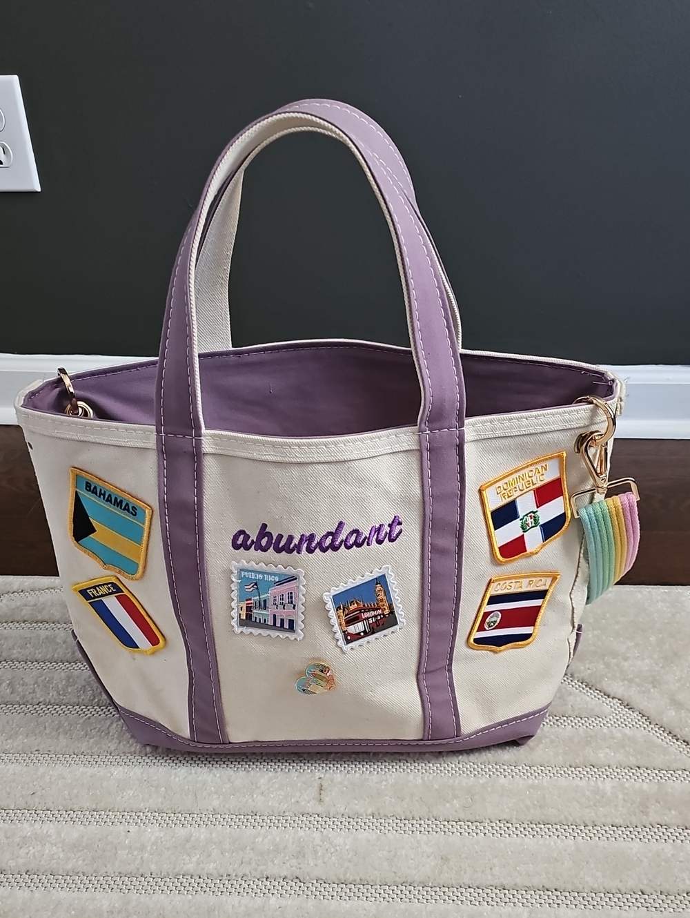 LL BEAN Canvas Tote Bag in Cream and Lavender